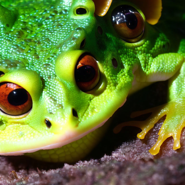 Vibrant green frog with brown eyes and yellow limbs - Close-up shot