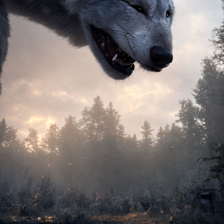 Close-up of a snarling wolf above a misty forest with a dramatic sky full of wolves