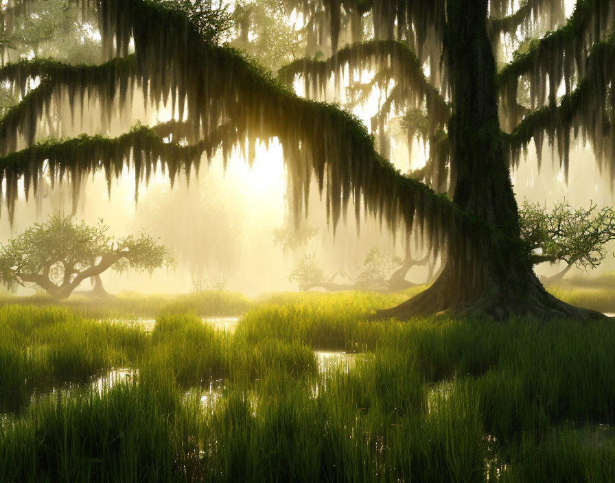 Misty forest scene with sunlight filtering through trees