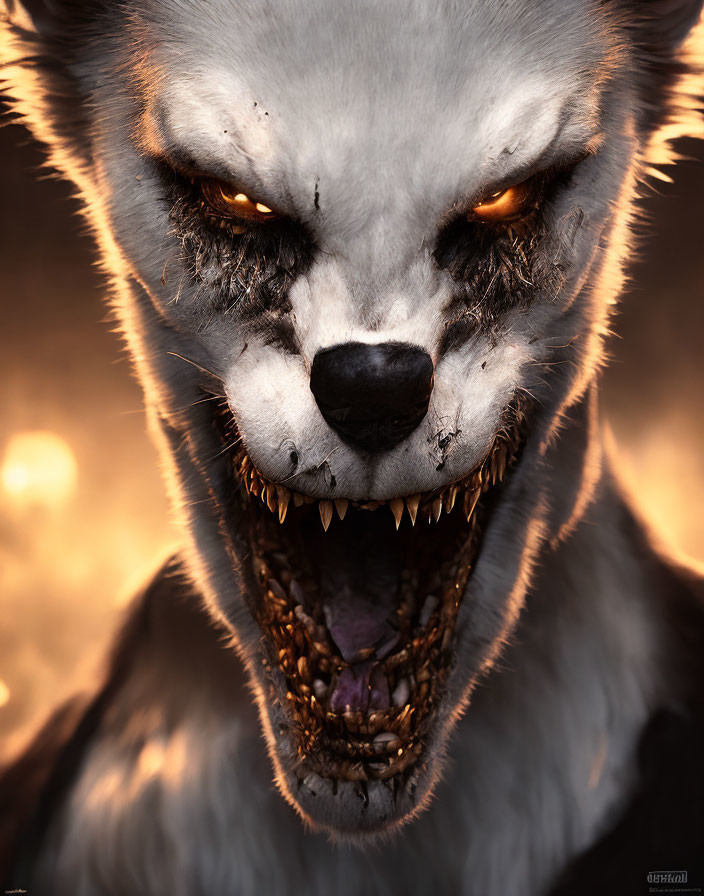 Snarling wolf with glowing eyes in warm light