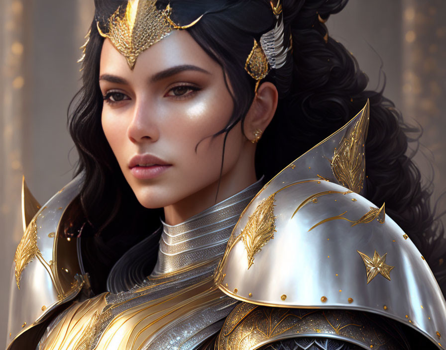 Digital artwork of a woman in ornate golden and silver armor with dark hair.