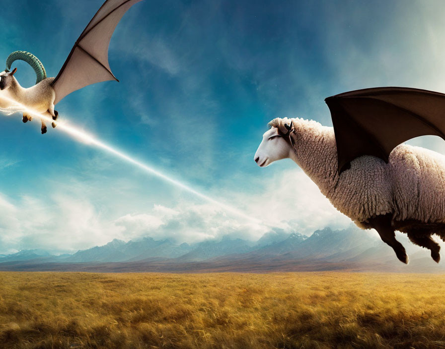 Surreal image: Sheep with dragon wings and unicorn horn flying over grassy field.