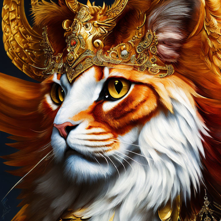 Regal tiger fantasy illustration with golden crown and armor