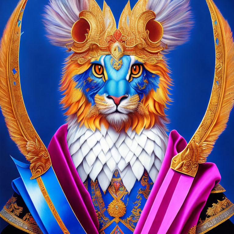 Regal lion illustration with blue fur and golden mane in royal attire