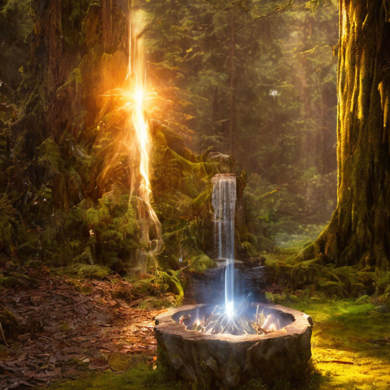 Enchanted forest scene with shining sword in stone