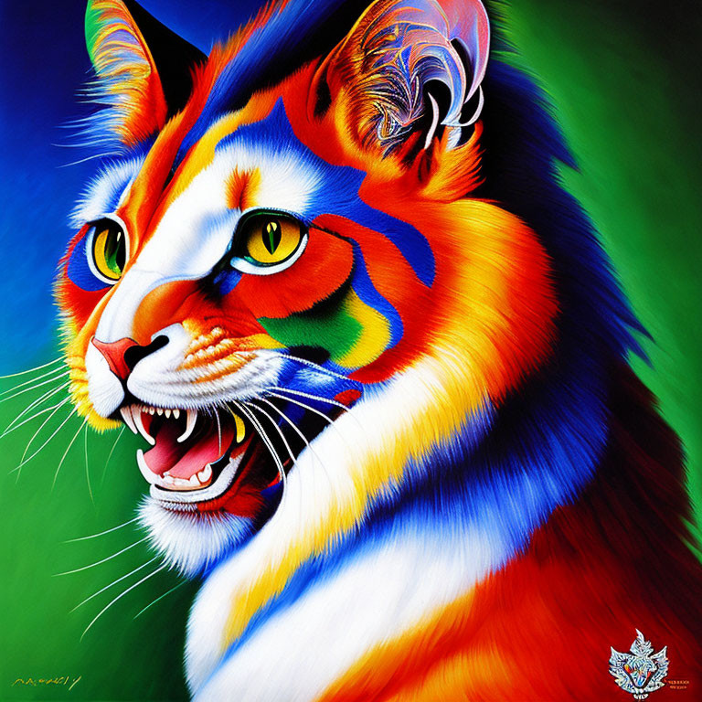 Vibrant Tiger Artwork with Multi-Colored Stripes on Blue and Green Background