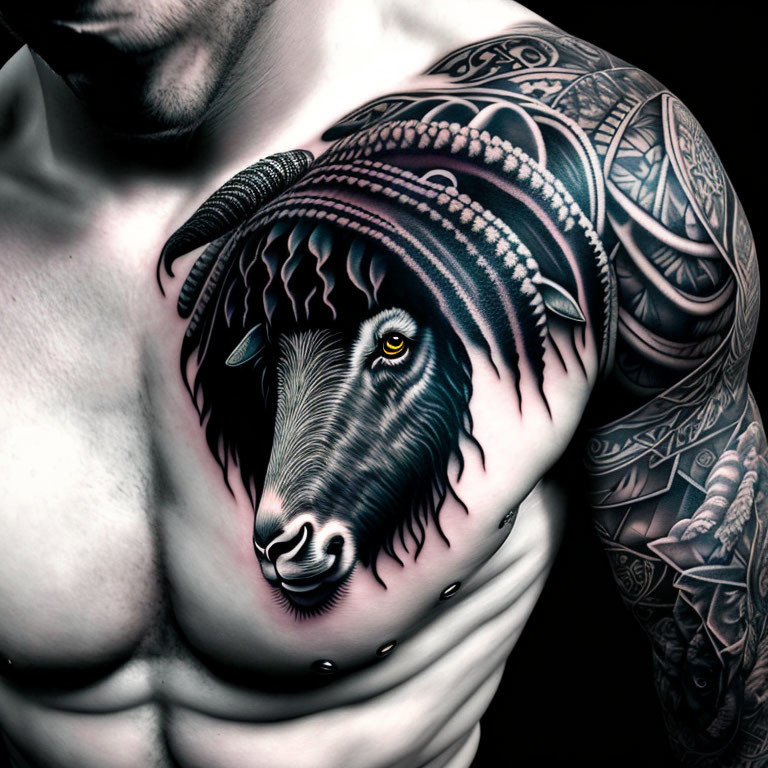 Intricate Ram's Head Tattoo on Upper Arm