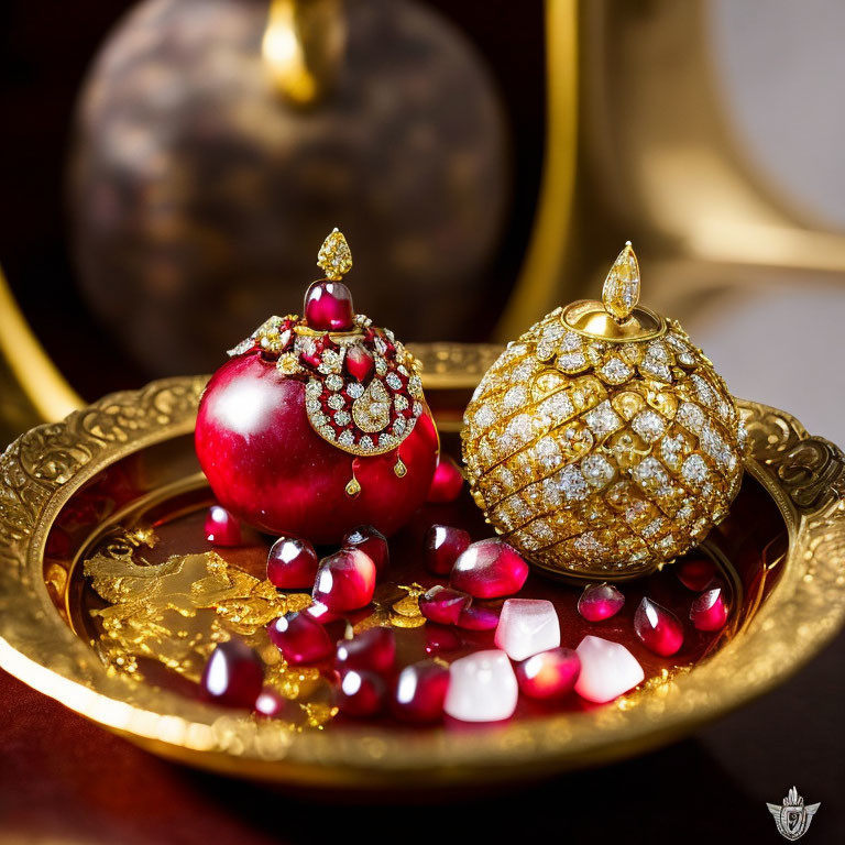 Golden tray with red apple, ornament, and precious stones on plush backdrop