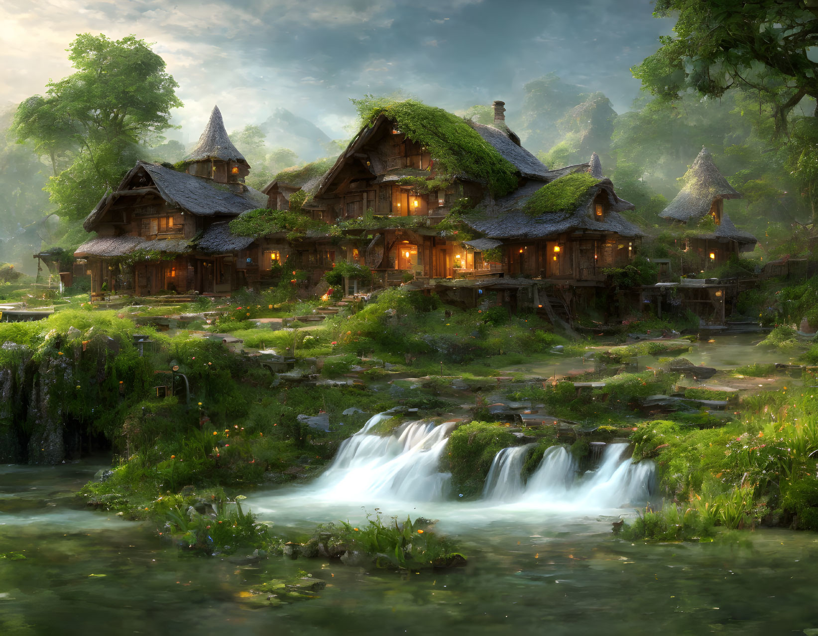 Thatched roof forest houses near serene waterfall in lush greenery