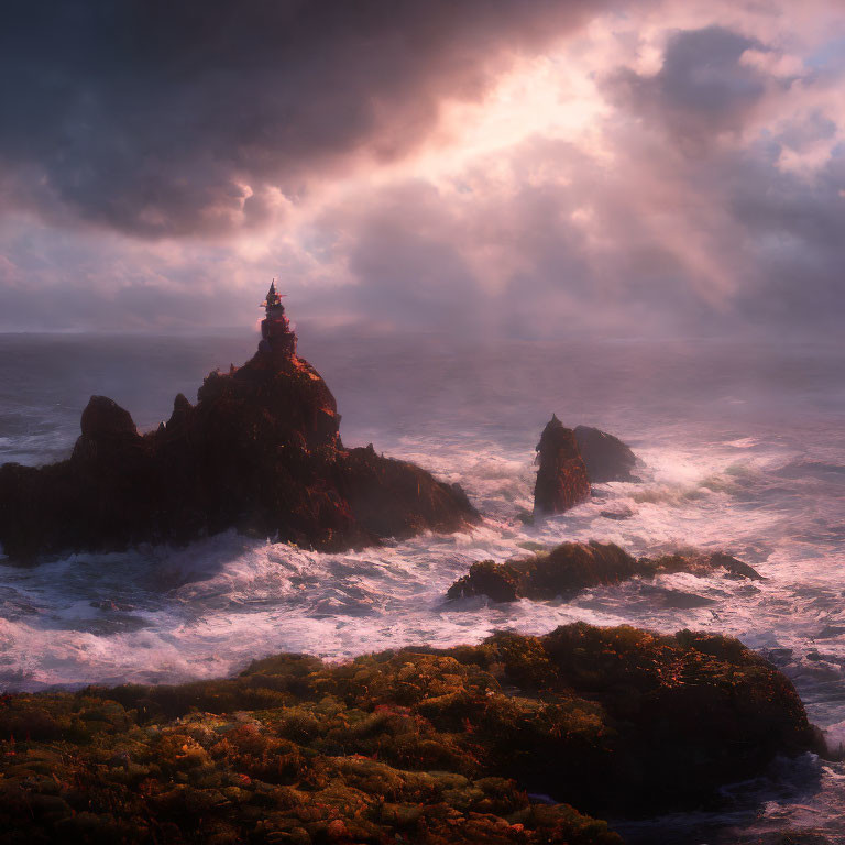 Lighthouse on rocky cliff with crashing waves under dramatic sky