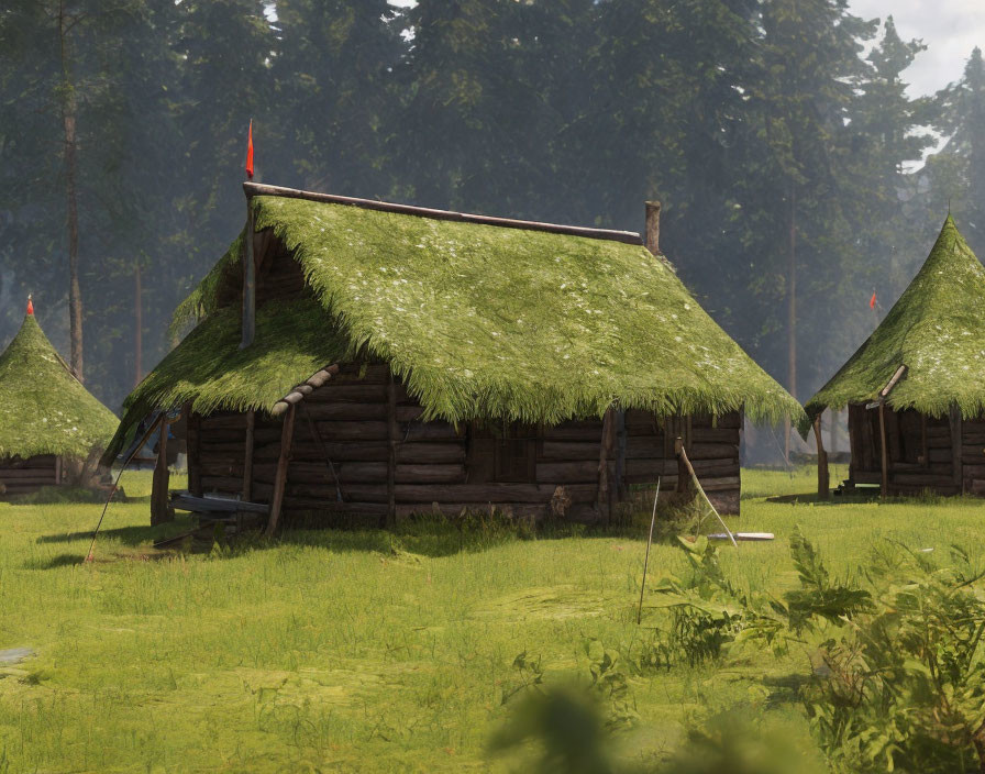 Rustic log cabin with thatched grass roof in forest clearing