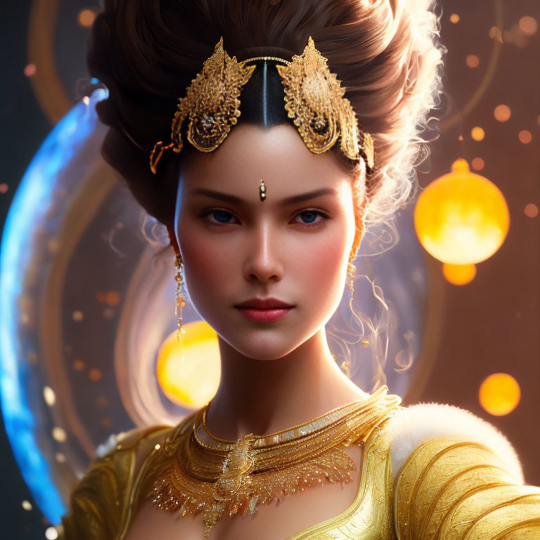 Regal woman adorned in golden jewelry with ornate hairstyle against mystical backdrop.