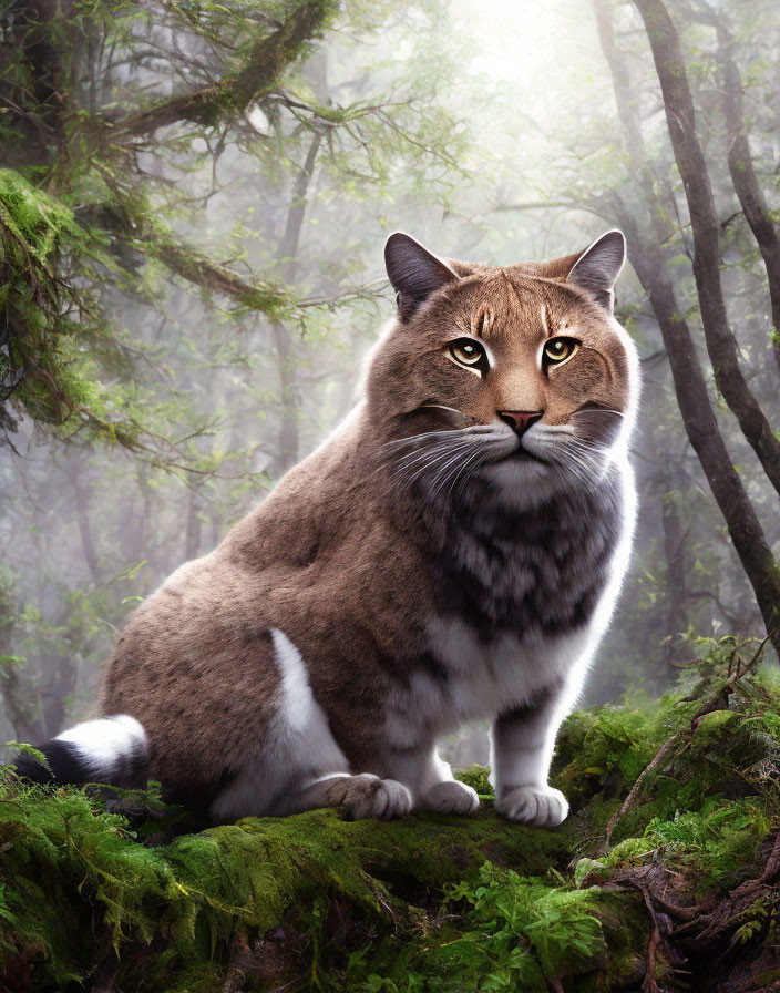 Large cat with human-like face on mossy rock in misty forest