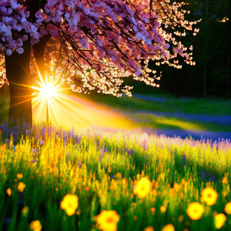 Cherry Blossom and Wildflower Meadow at Sunrise