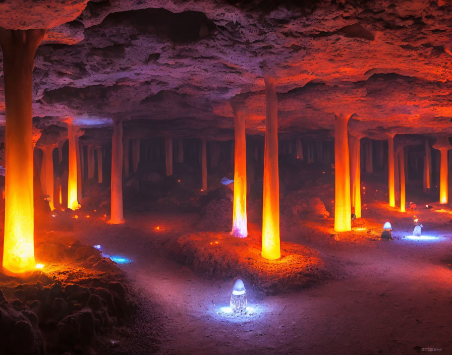 Mystical Subterranean Landscape with Illuminated Stone Columns