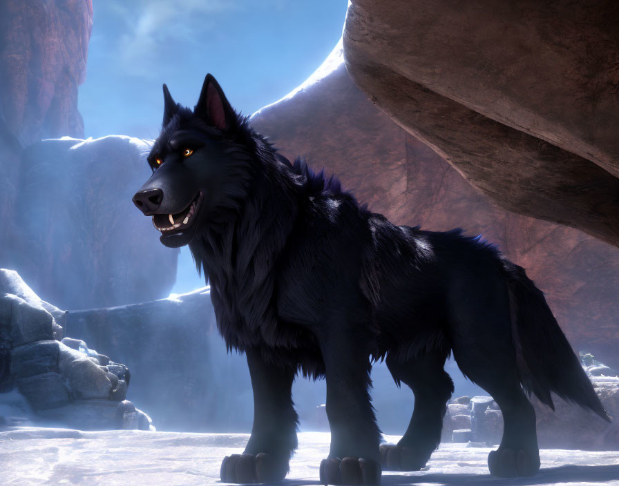 Black Wolf 3D Rendering in Snowy Landscape