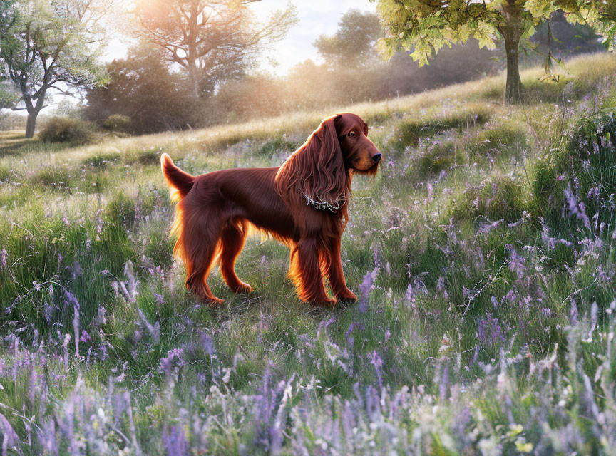 Majestic Irish Setter in Sunlit Meadow with Purple Flowers