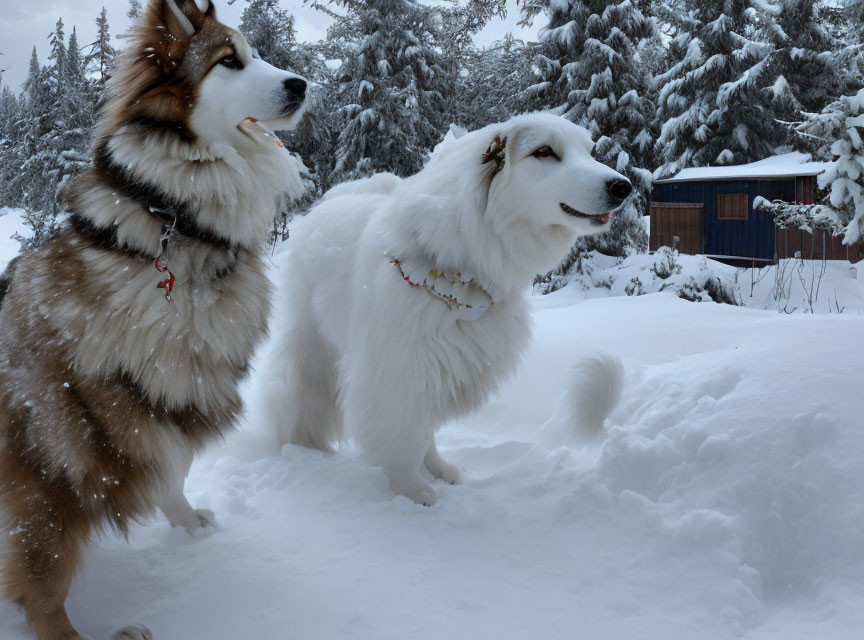 Fluffy dogs in snowy landscape with pine trees and hut