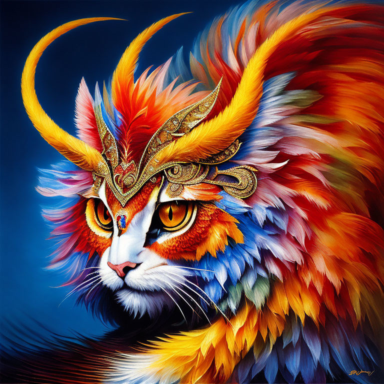 Colorful Illustration of a Fantastical Cat with Fiery Mane and Golden Headdress