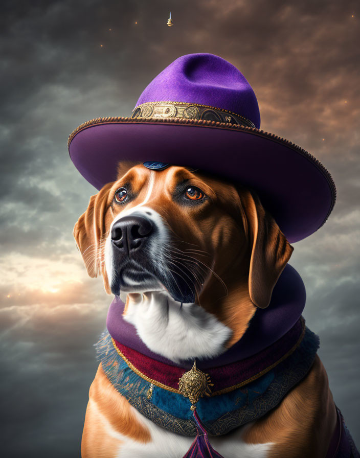 Dog in Purple Sombrero and Scarf under Dramatic Cloudy Sky