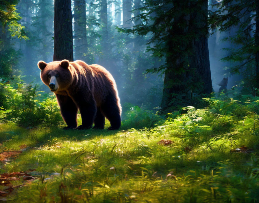 Majestic brown bear in sunlit forest with green foliage