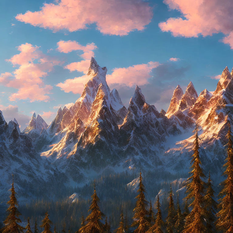 Snow-covered Peaks and Pine Forests in Alpenglow Sunset