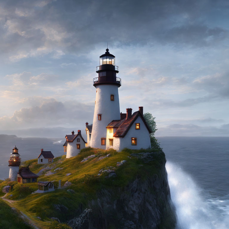 Scenic lighthouse on rocky cliff with calm sea and warm glow at twilight