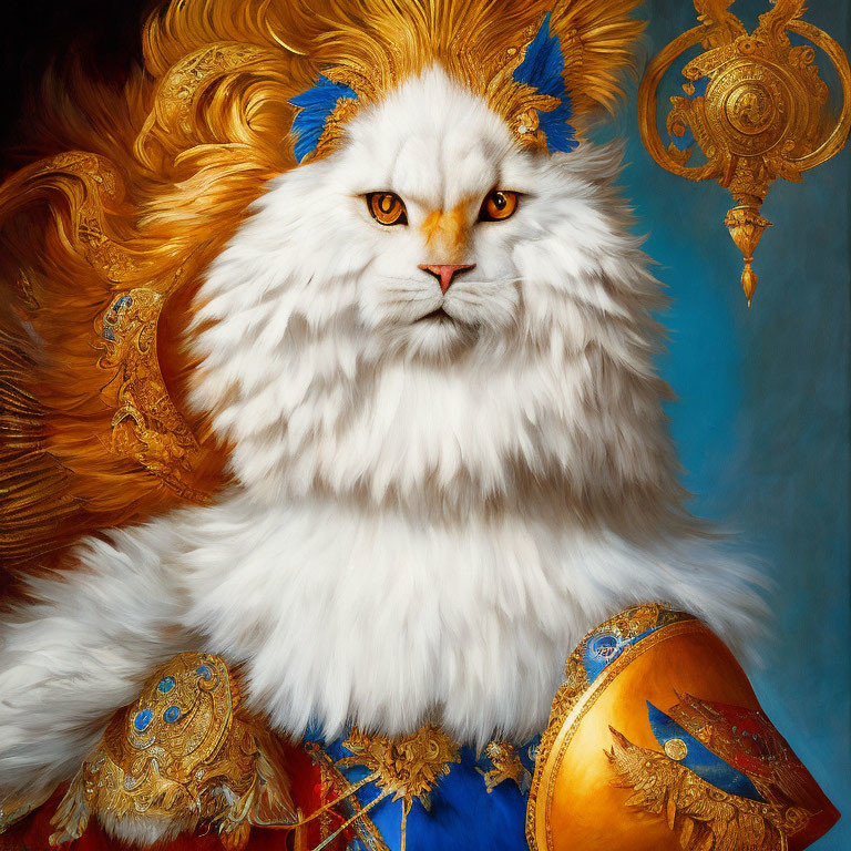 Majestic white-furred feline with lion's mane in ornate armor