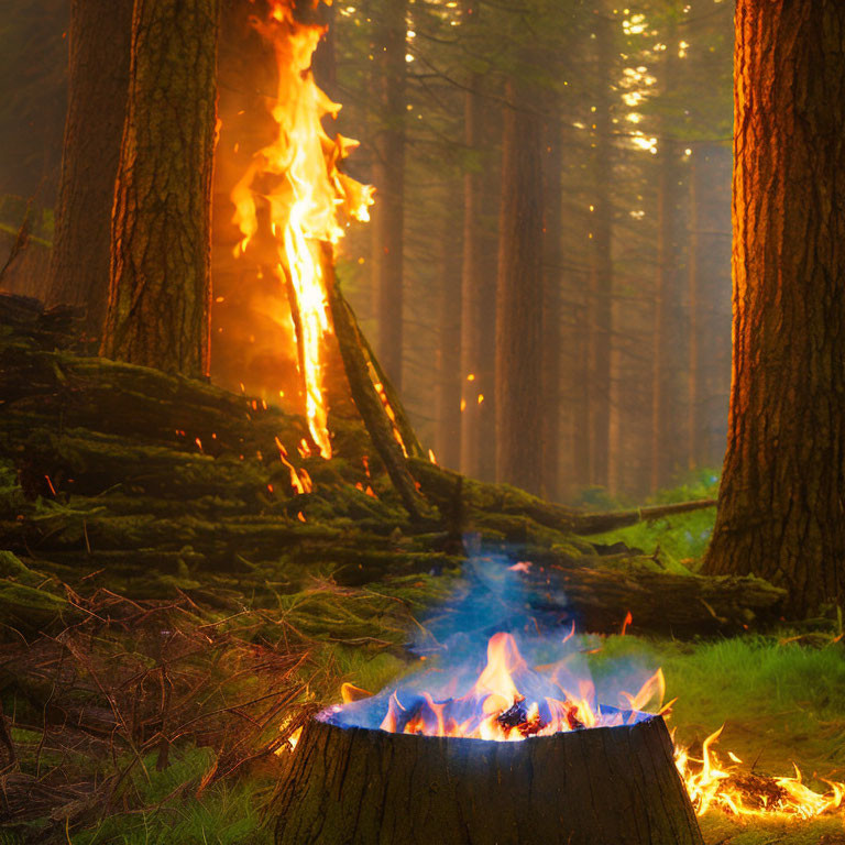 Forest scene with blazing tree trunk and flames in misty woodland backdrop