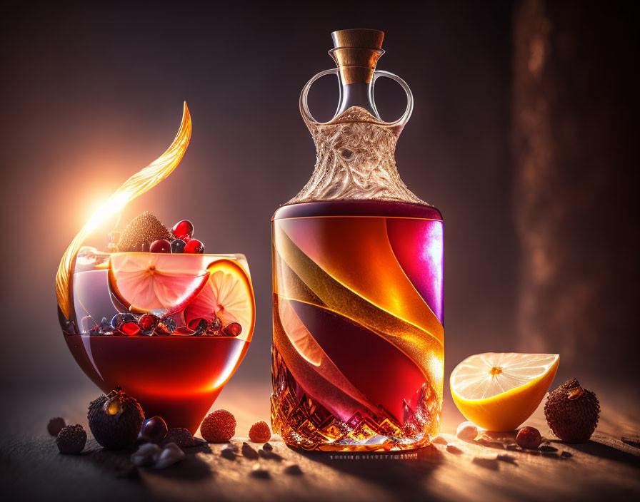 Elegant bottle with fiery design next to bowl of fruit on rustic surface