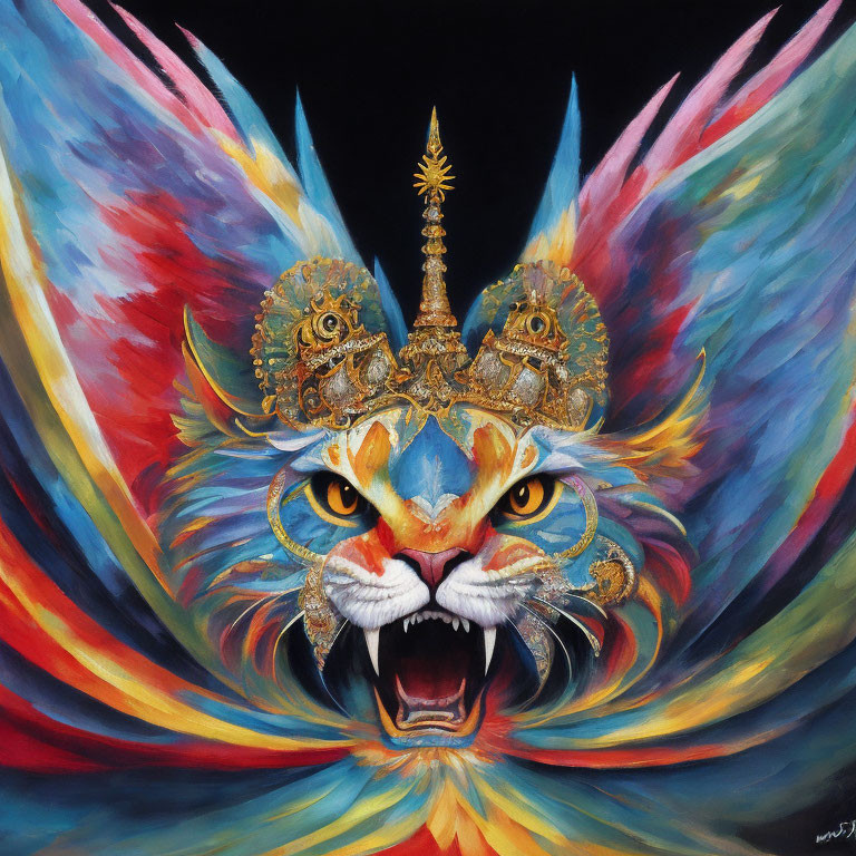 Colorful Tiger Painting with Ornate Headdress and Multicolored Wings