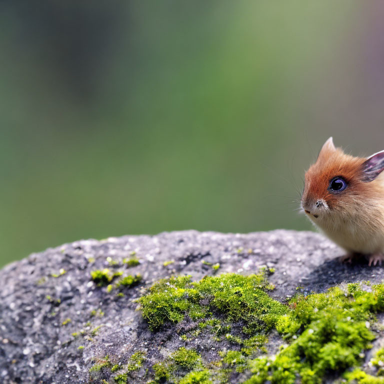 Brown-furred rodent peering over moss-covered rock in soft green background