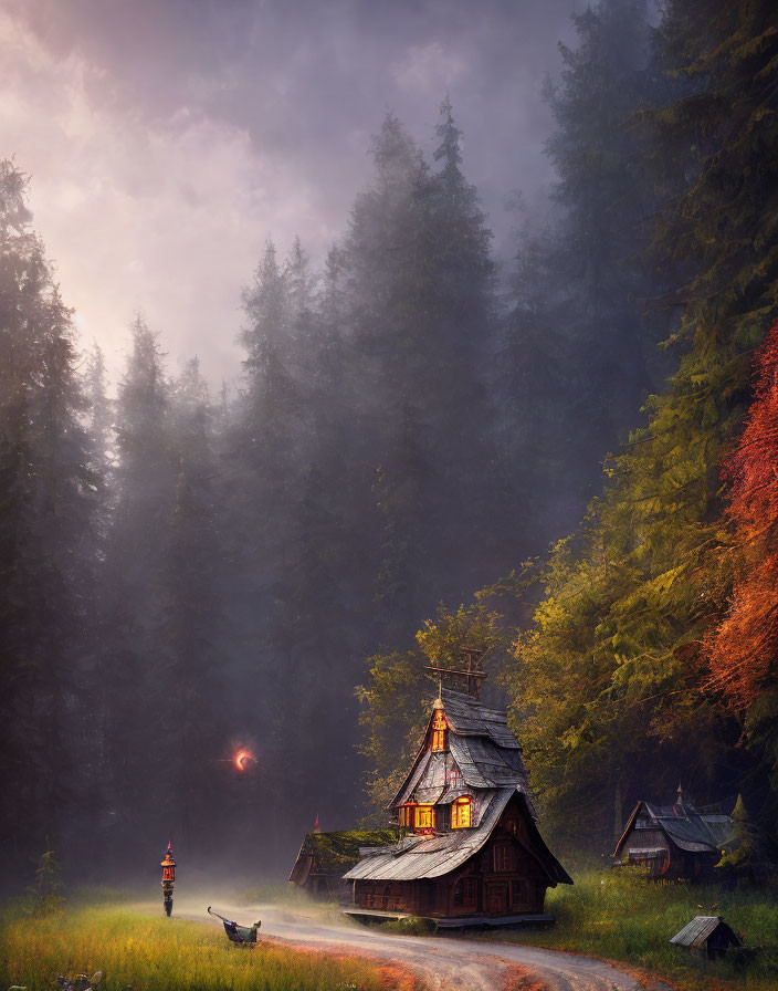 Wooden chapel in pine forest at sunrise with mist above forest clearing