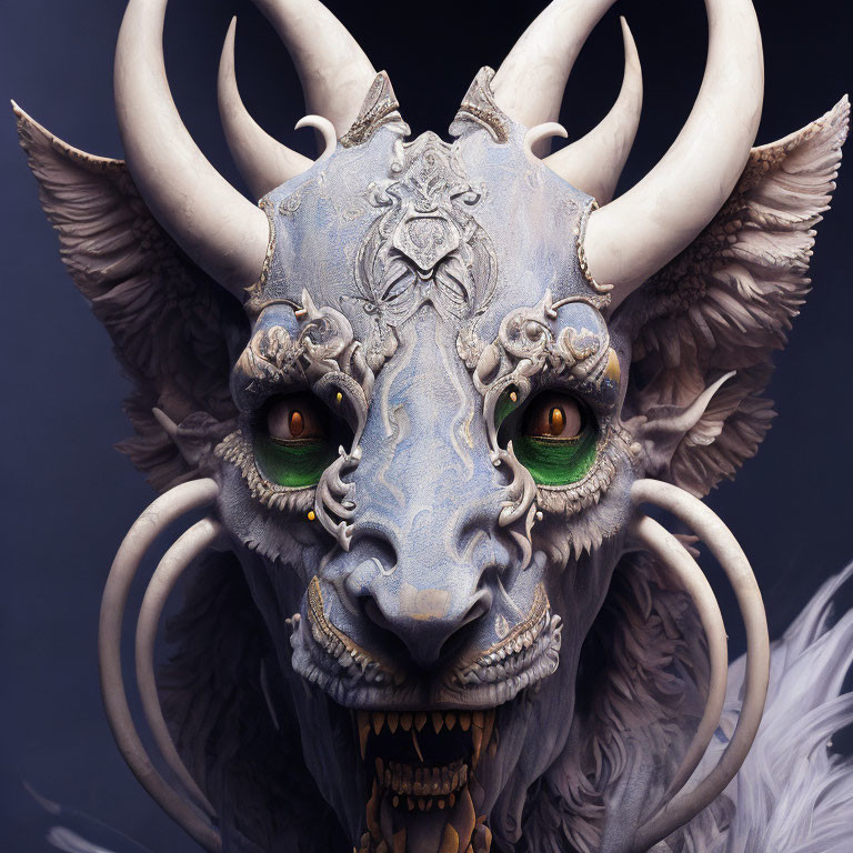 Detailed mask with horned-beast features, metallic textures, green eyes, and fur/feather