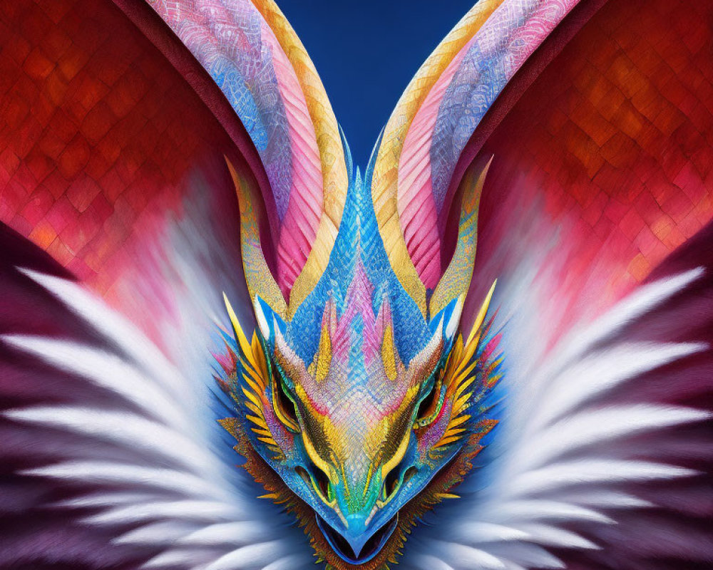 Symmetrical dragon with colorful scales and white wings on purple backdrop