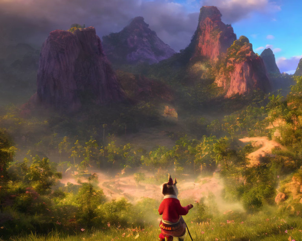 Warrior in mystical valley with towering rock formations and morning fog.