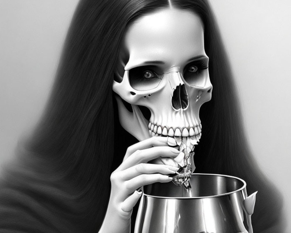 Monochrome image of woman holding skull mask and cup