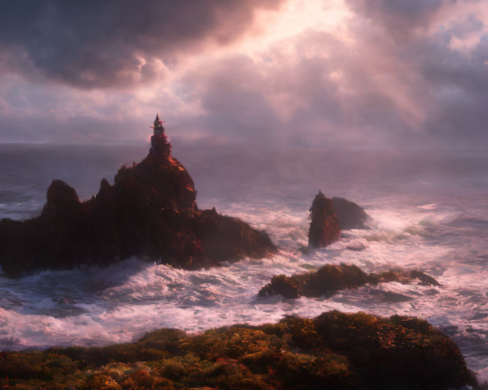 Lighthouse on rocky cliff with crashing waves under dramatic sky