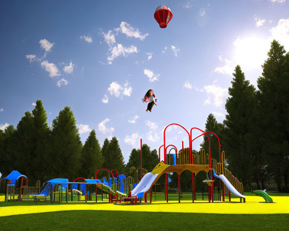 Colorful Playground Equipment and Child Midair on Green Turf with Hot Air Balloon in Background