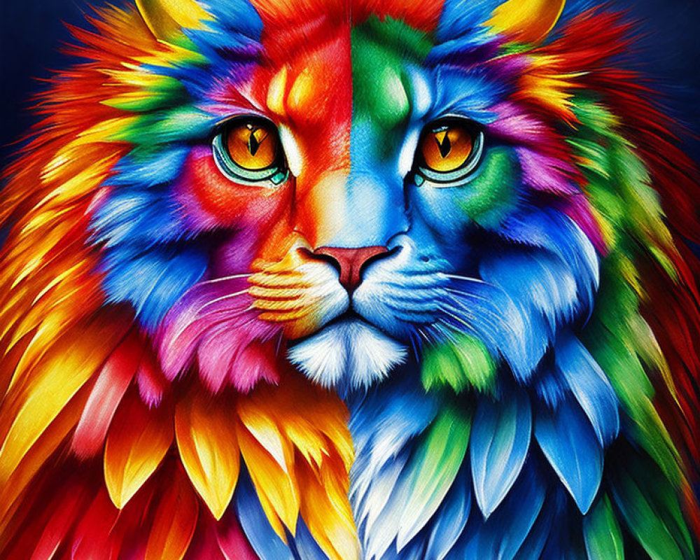 Colorful Lion Portrait with Intense Gaze