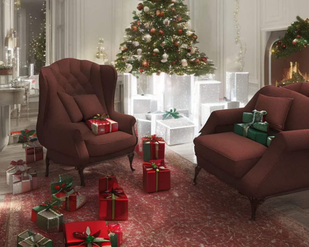 Luxurious Christmas-themed room with large tree, presents, armchairs, and festive decor