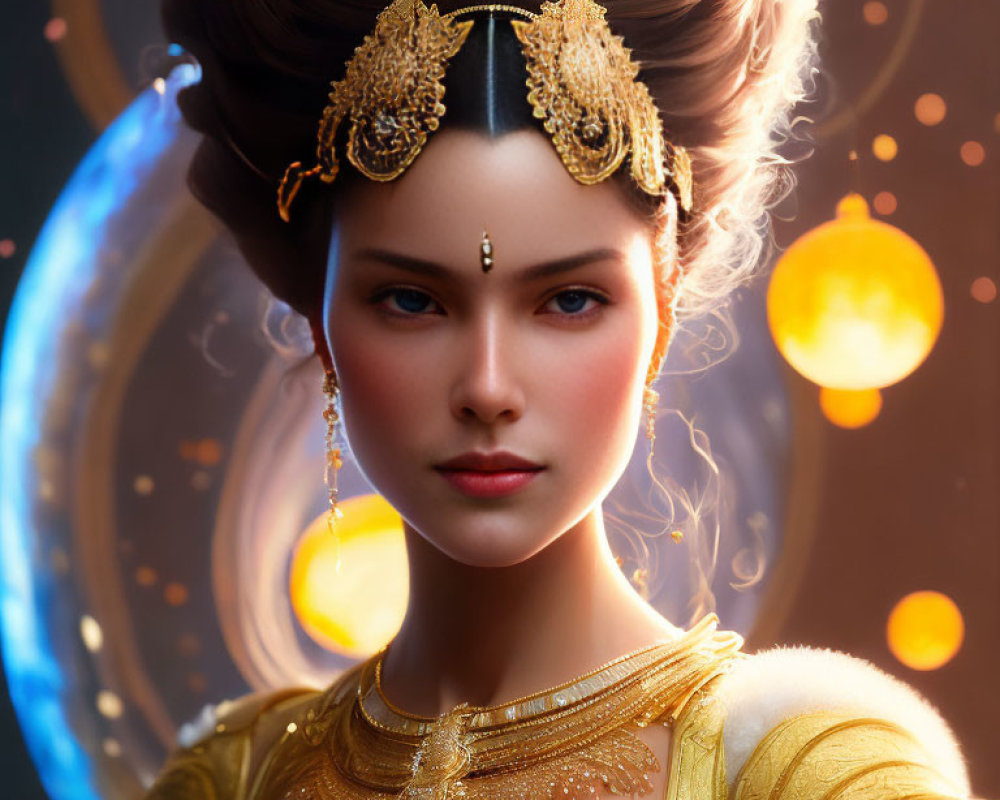 Regal woman adorned in golden jewelry with ornate hairstyle against mystical backdrop.