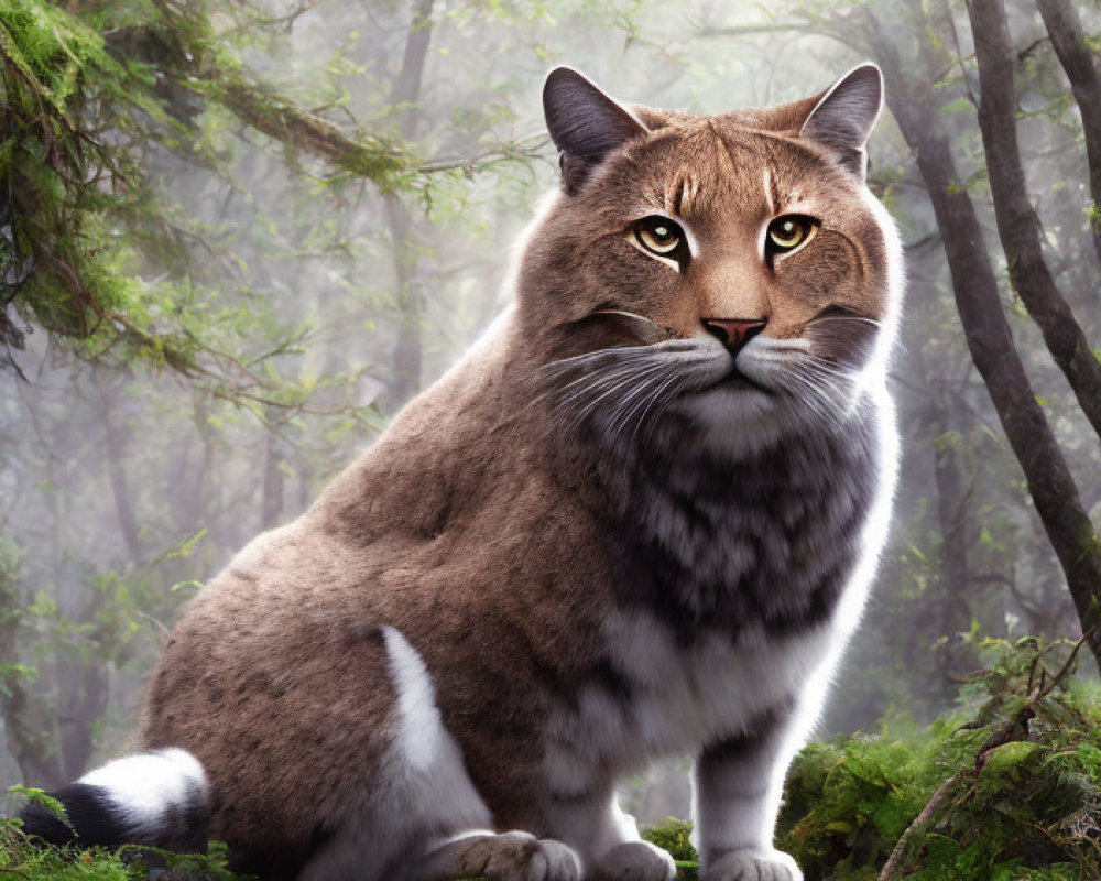 Large cat with human-like face on mossy rock in misty forest