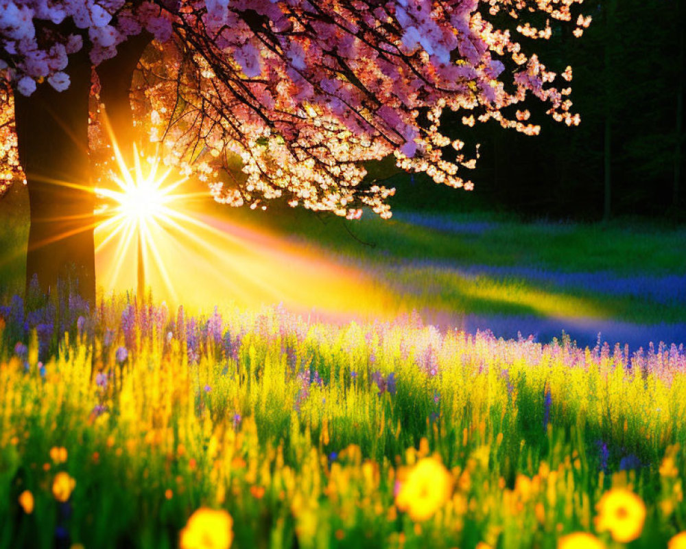 Cherry Blossom and Wildflower Meadow at Sunrise