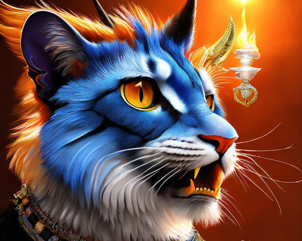 Vibrant blue and orange fur cat portrait with golden eyes and decorated collar