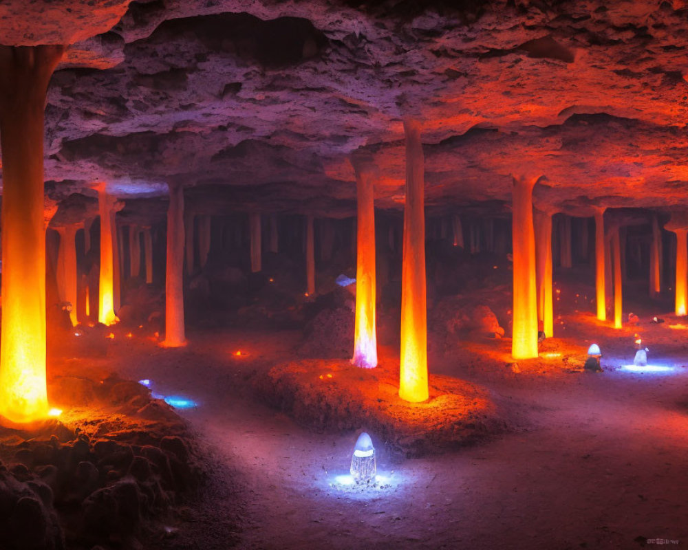 Mystical Subterranean Landscape with Illuminated Stone Columns