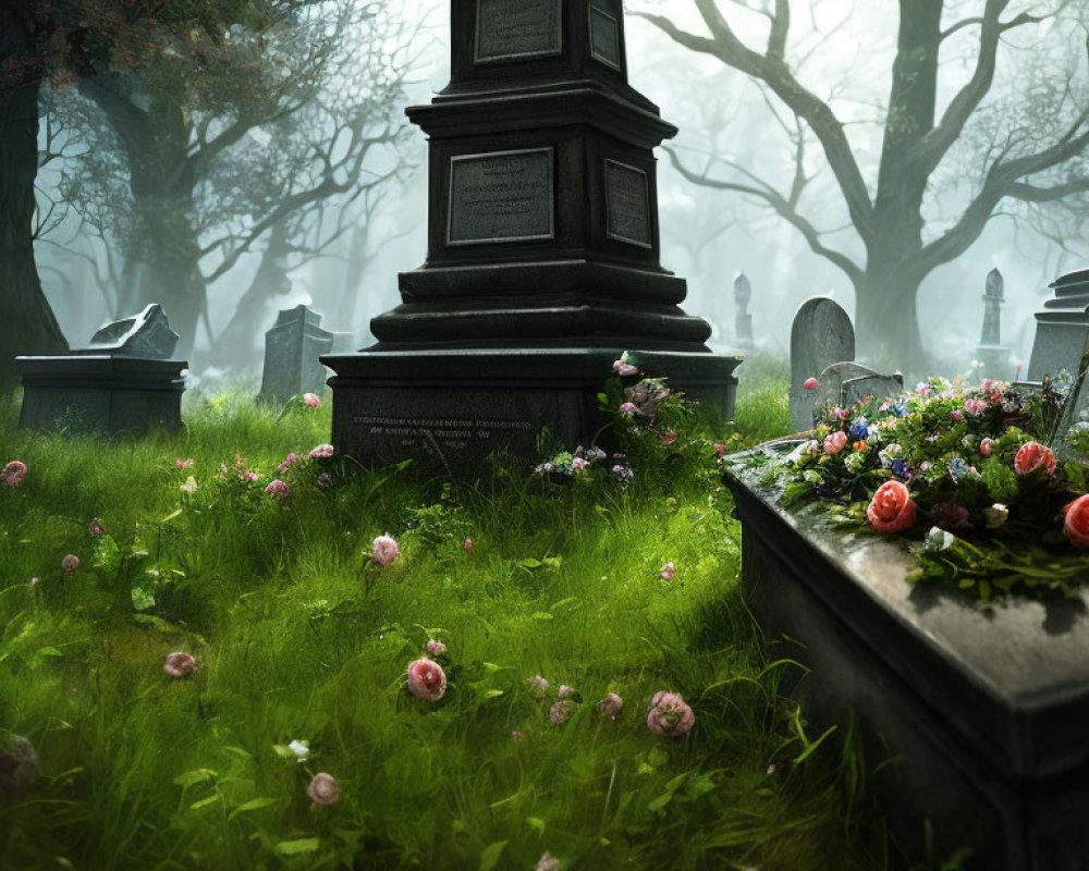 Tranquil cemetery with lush greenery and misty trees