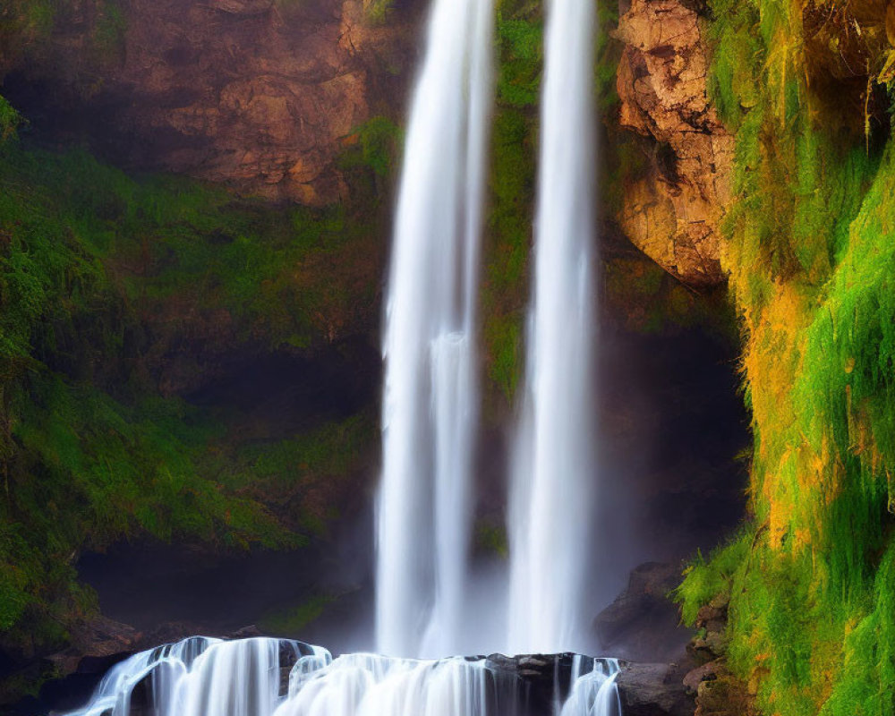 Tranquil waterfall in lush green surroundings