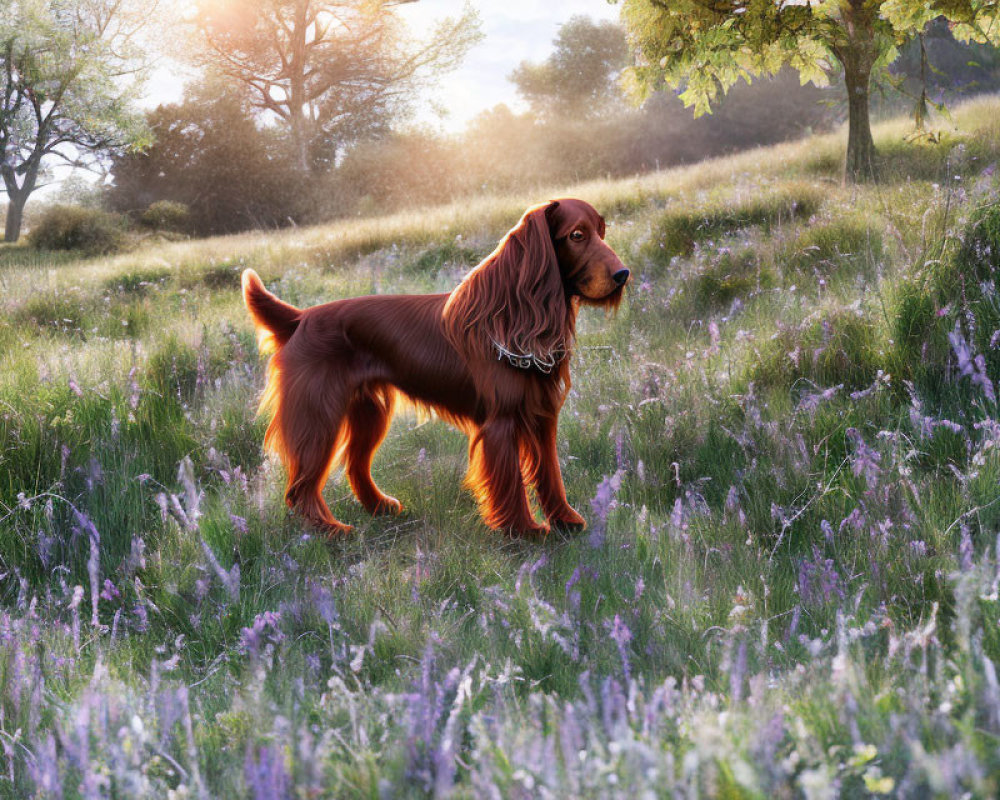 Majestic Irish Setter in Sunlit Meadow with Purple Flowers