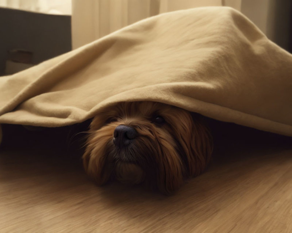 Small Dog Under Beige Blanket in Moody Lighting